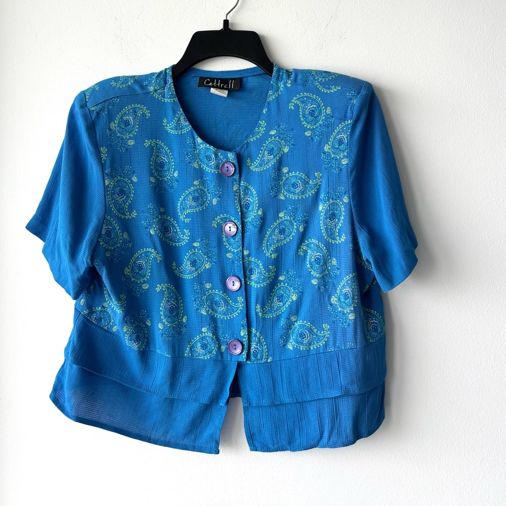 VTG Cattrell Jacket Blue Collarless Paisley Womens 12P Casual Boho Artsy 90s USA